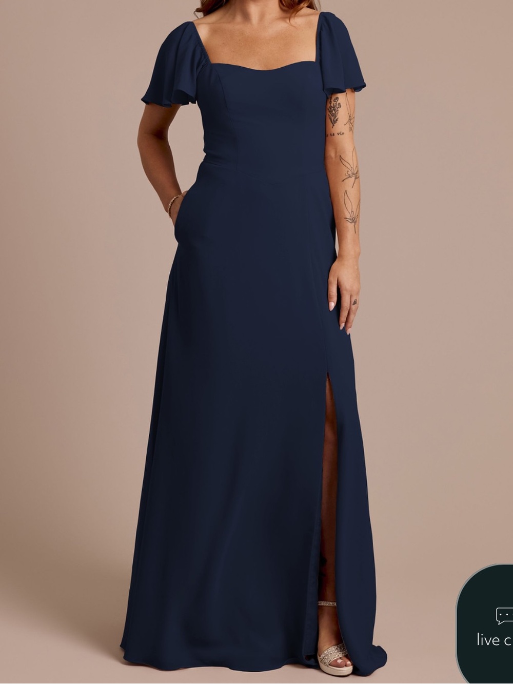 Flutter-Sleeve Chiffon Bridesmaids Dress in Marine blue
